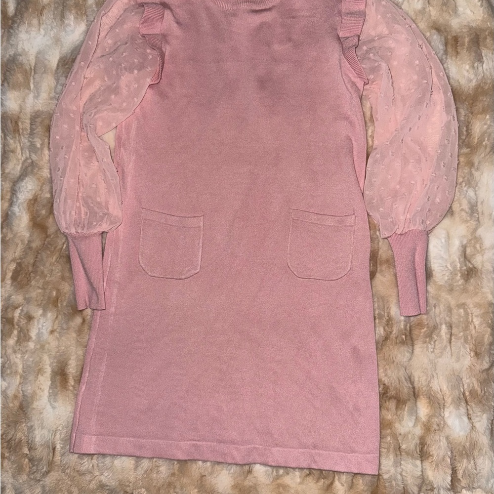 Girls Dusty Pink Knit Dress with Sheer Dot Balloon Sleeves